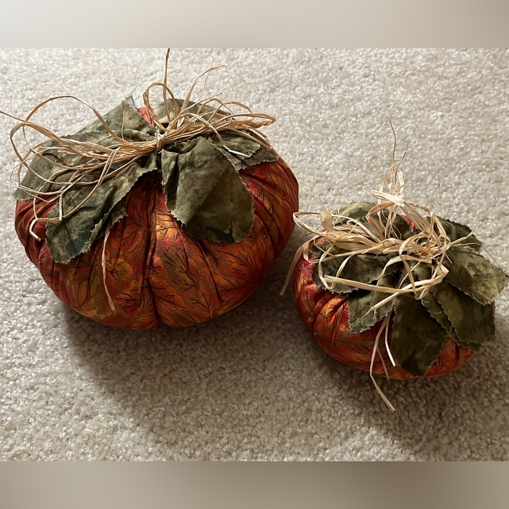Handmade Decorative Fabric Pumpkins with Leaves Set of 2